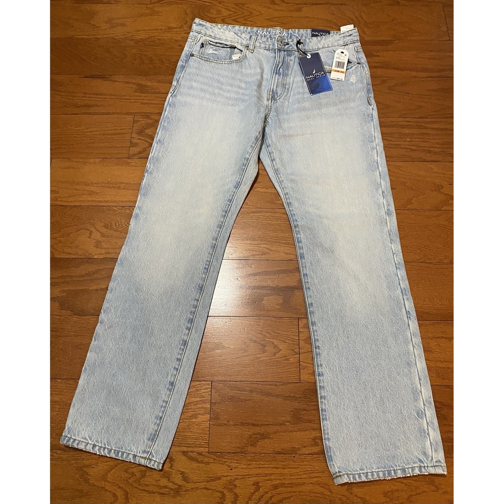 NAUTICA LIGHT FADED DISTRESSED BLUE 33x32 DENIM RELAXED JEANS MENS NEW $90